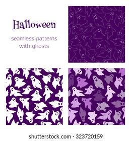 Set of vector seamless patterns with funny ghosts. Perfect backgrounds for your Halloween design.