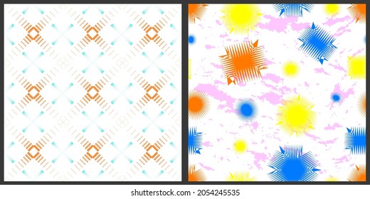 Set of vector seamless patterns. Geometric abstraction in bright colors. Distorted squares and circles on a white isolated background. Unique texture for fabric or background. 