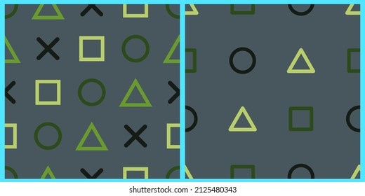 Set of vector seamless patterns. Geometric shapes triangles, squares, circles and crosses in pastel green colors on an isolated background. 