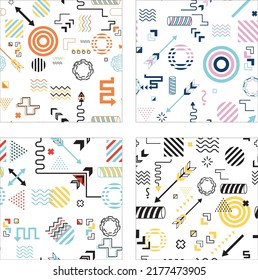 Set of vector seamless patterns with geometric shapes. Hipster fashion Memphis style.