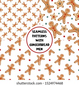 Set of vector seamless patterns with gingerbread men. Design for greeting card, gift box, wallpaper, fabric, package, tablecloth, web design. Isolated on white.