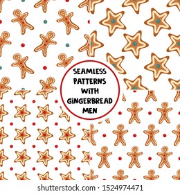 Set of vector seamless patterns with gingerbread men. Design for greeting card, gift box, wallpaper, fabric, package, tablecloth, web design. Isolated on white.