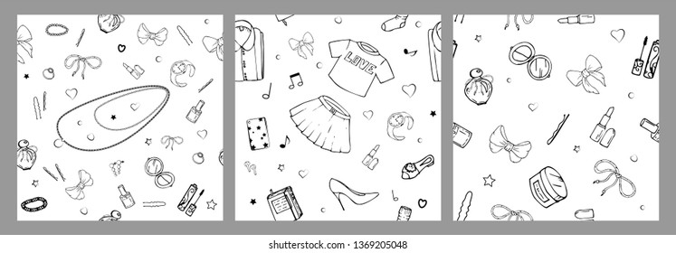 Set of vector seamless patterns with girls stuff. Fashion illustration with women's clothing, jewelry, cosmetics, gifts and romance. Actual vector drawing of cute things. Interests of a young girl.