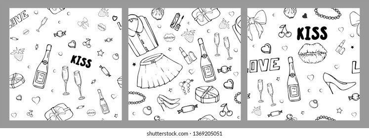 Set of vector seamless patterns with girls stuff. Fashion illustration with women's clothing, jewelry, cosmetics, gifts and romance. Actual vector drawing of cute things. Interests of a young girl.