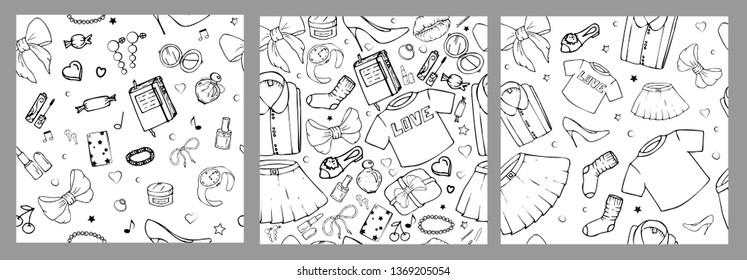 Set of vector seamless patterns with girls stuff. Fashion illustration with women's clothing, jewelry, cosmetics, gifts and romance. Actual vector drawing of cute things. Interests of a young girl.