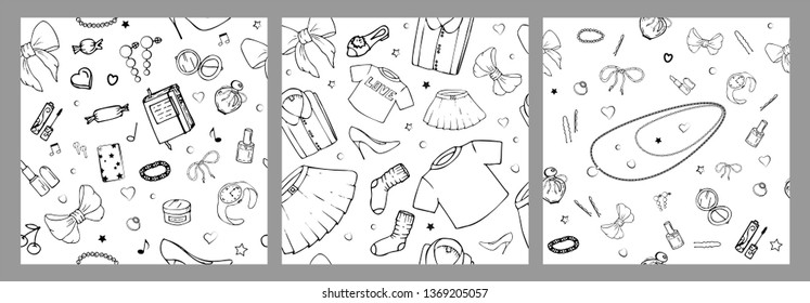 Set of vector seamless patterns with girls stuff. Fashion illustration with women's clothing, jewelry, cosmetics, gifts and romance. Actual vector drawing of cute things. Interests of a young girl.