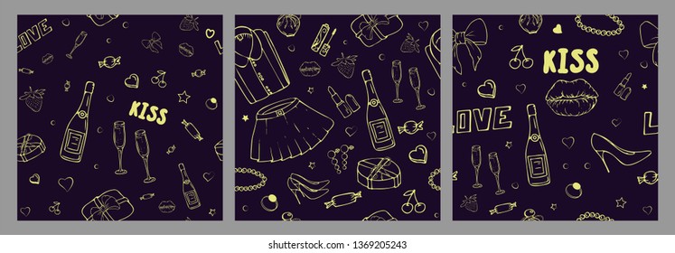 Set of vector seamless patterns with girls stuff. Fashion illustration with women's clothing, jewelry, cosmetics, gifts and romance. Actual vector drawing of cute things. Interests of a young girl.