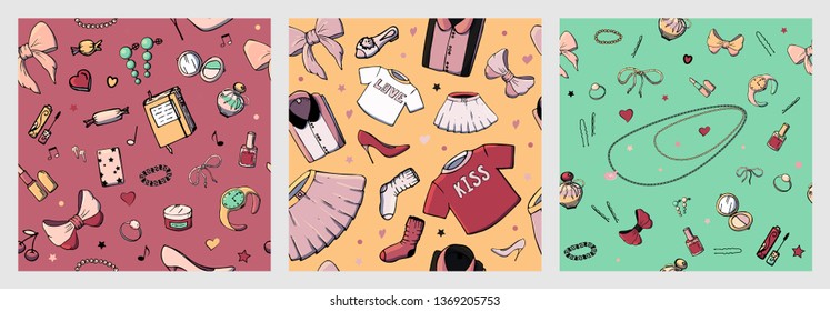 Set of vector seamless patterns with girls stuff. Fashion illustration with women's clothing, jewelry, cosmetics, gifts and romance. Actual vector drawing of cute things. Interests of a young girl.