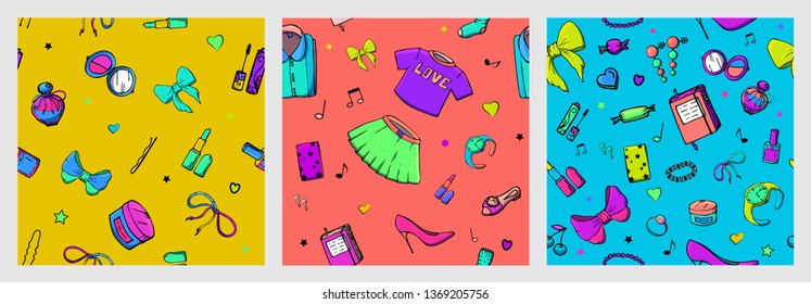 Set of vector seamless patterns with girls stuff. Fashion illustration with women's clothing, jewelry, cosmetics, gifts and romance. Actual vector drawing of cute things. Interests of a young girl.
