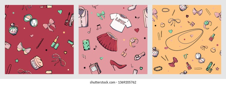 Set of vector seamless patterns with girls stuff. Fashion illustration with women's clothing, jewelry, cosmetics, gifts and romance. Actual vector drawing of cute things. Interests of a young girl.