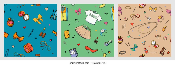 Set of vector seamless patterns with girls stuff. Fashion illustration with women's clothing, jewelry, cosmetics, gifts and romance. Actual vector drawing of cute things. Interests of a young girl.