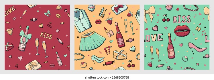 Set of vector seamless patterns with girls stuff. Fashion illustration with women's clothing, jewelry, cosmetics, gifts and romance. Actual vector drawing of cute things. Interests of a young girl.