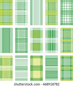 Set of Vector seamless patterns. Green, white and yellow color.Checkered, plaid background. Spring patterns for kids