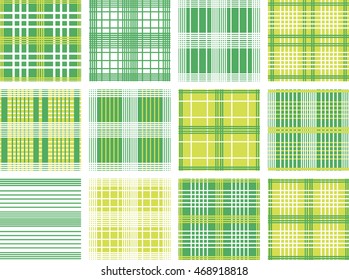 Set of Vector seamless patterns. Green, white and yellow color.Checkered, plaid background. Spring patterns for kids