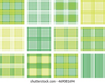 Set of Vector seamless patterns. Green, white and yellow color.Checkered, plaid background. Spring patterns for kids