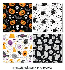 Set of vector seamless patterns for Halloween on white and black background. Pumpkin, potion with eyes, bat, candy, witch hat, spider, web, bag of magical herbs, ghosts and more