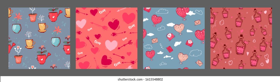 Set of vector seamless patterns with hand drawn hearts air balloons, bottle love, flowers. Abstract background. Design concept for valentine day, fabric design, textile print, wrapping paper
