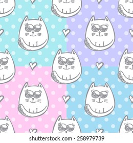 set of vector seamless patterns of hand drawn cats and hearts