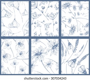 Set of  vector seamless patterns with hand drawn flowers