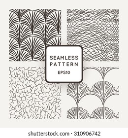 Set of vector seamless patterns: a hand scales, branches and leaves