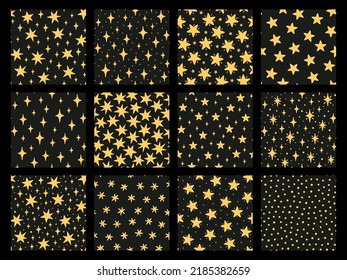 Set of vector seamless patterns with hand-drawn stars on black background. Night sky art textures. Modern illustration prints. Simple doodles for any surface design.