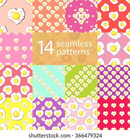 Set of vector seamless patterns with heart shaped egg. Dolly packaging pop art style texture.