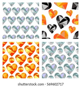 Set of vector seamless patterns with hearts. Polygonal design. Geometric triangular origami style, graphic illustration. Series of Love Seamless vector Patterns. 