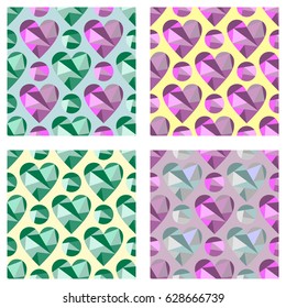 Set of vector seamless patterns with hearts. Symmetrical backgrounds. Polygonal design. Geometric triangular origami style, graphic illustration. Series of Love Seamless Patterns.