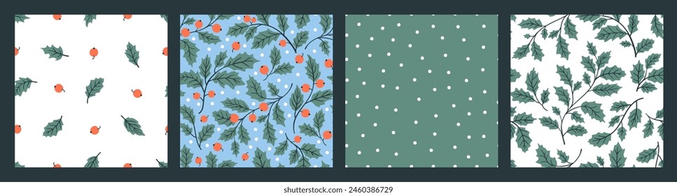 Set of vector seamless patterns with holly branches and berries. Trendy hand drawn textures. Modern floral design for paper, cover, fabric, decor.