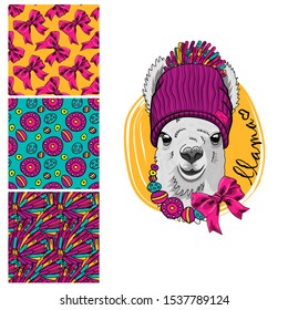 Set of vector seamless patterns and  illustration of smartly dressed llama. Print on T-shirts, bags and other fashion products. Design children's clothing and accessories. 