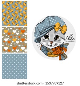 Set of vector seamless patterns and  illustration of smartly dressed cat. Print on T-shirts, bags and other fashion products. Design children's clothing and accessories. 