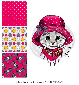 Set of vector seamless patterns and  illustration of smartly dressed cat. Print on T-shirts, bags and other fashion products. Design children's clothing and accessories. 