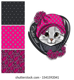 Set of vector seamless patterns and  illustration of smartly dressed cat. Print on T-shirts, bags and other fashion products. Design children's clothing and accessories. 