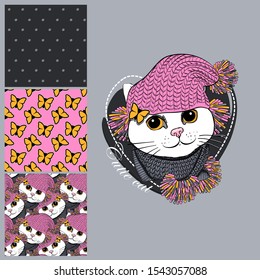 Set of vector seamless patterns and  illustration of smartly dressed cat. Print on T-shirts, bags and other fashion products. Design children's clothing and accessories. 