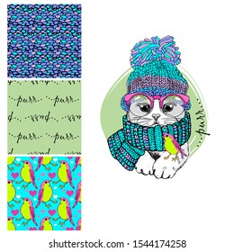Set of vector seamless patterns and  illustration of smartly dressed cat with bird. Print on T-shirts, bags and other fashion products. Design children's clothing and accessories. 