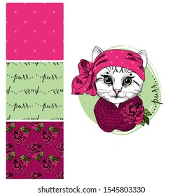 Set of vector seamless patterns and  illustration of smartly dressed cat. Print on T-shirts, bags and other fashion products. Design children's clothing and accessories. 