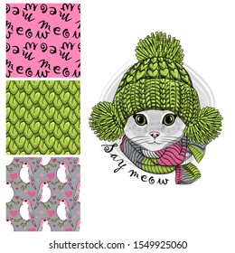Set of vector seamless patterns and  illustration of smartly dressed cat. Print on T-shirts, bags and other fashion products. Design children's clothing and accessories. 