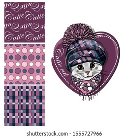 Set of vector seamless patterns and  illustration of smartly dressed cat. Print on T-shirts, bags and other fashion products. Design children's clothing and accessories. 