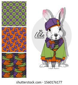 Set of vector seamless patterns and  illustration of smartly dressed bunny. Print on T-shirts, bags and other fashion products. Design children's clothing and accessories. 