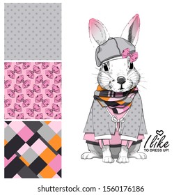 Set of vector seamless patterns and  illustration of smartly dressed bunny. Print on T-shirts, bags and other fashion products. Design children's clothing and accessories. 