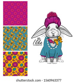Set of vector seamless patterns and  illustration of smartly dressed bunny. Print on T-shirts, bags and other fashion products. Design children's clothing and accessories. 