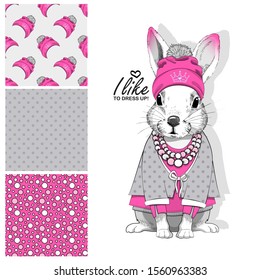 Set of vector seamless patterns and  illustration of smartly dressed bunny. Print on T-shirts, bags and other fashion products. Design children's clothing and accessories. 