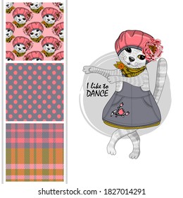 Set of vector seamless patterns and  illustration of smartly dressed cat. Print on T-shirts, bags and other fashion products. Vector  cat with hat and scarf. 