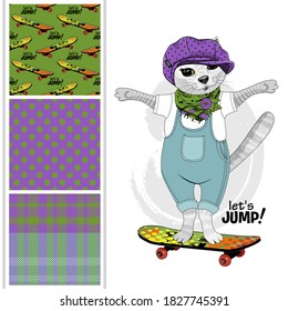 Set of vector seamless patterns and  illustration of smartly dressed cat. Print on T-shirts, bags and other fashion products. Vector  cat with skateboard, hat and scarf. 