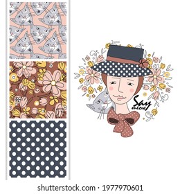 Set of vector seamless patterns and  illustration of girl with cat. Print on T-shirts, bags and other fashion products. Design children's clothing and accessories. 