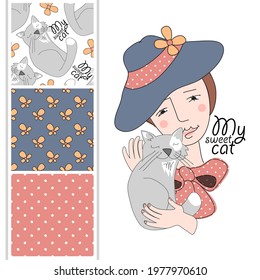 Set of vector seamless patterns and  illustration of girl with cat. Print on T-shirts, bags and other fashion products. Design children's clothing and accessories. 