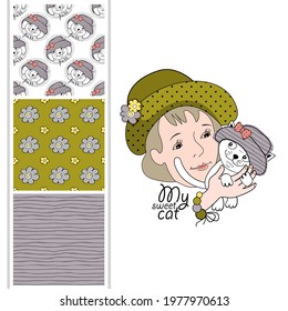 Set of vector seamless patterns and  illustration of girl with cat. Print on T-shirts, bags and other fashion products. Design children's clothing and accessories. 