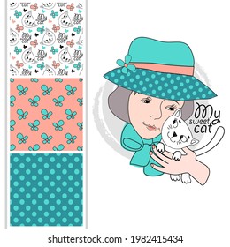 Set of vector seamless patterns and  illustration of girl with cat. Print on T-shirts, bags and other fashion products. Design children's clothing and accessories. 