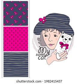 Set of vector seamless patterns and  illustration of girl with cat. Print on T-shirts, bags and other fashion products. Design children's clothing and accessories. 
