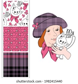 Set of vector seamless patterns and  illustration of girl with cat. Print on T-shirts, bags and other fashion products. Design children's clothing and accessories. 